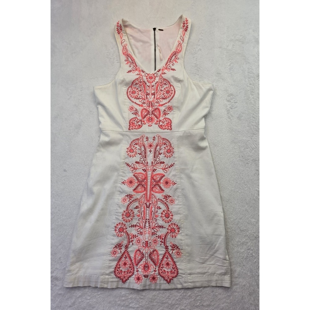 Free People Embroidered Dress Womens Small Ivory Red Sleeveless Boho Mini
